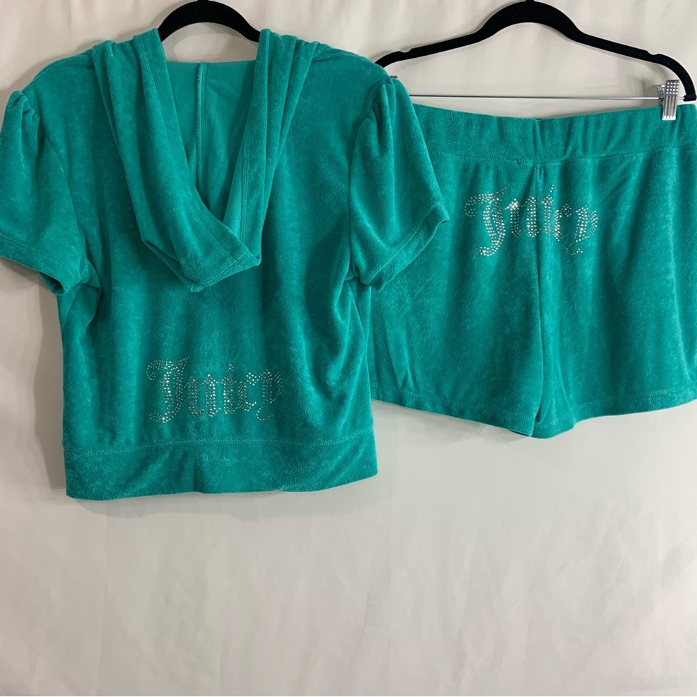 NWT Juicy Couture Terrycloth Coastal Teal Short Sleeve Hoodie & Shorts, size L - Picture 16 of 16